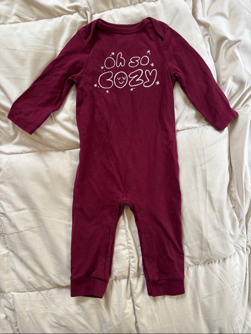 Cat & Jack Deep Berry Baby Long Sleeve Pant Onesie with White Oh So Cozy Text